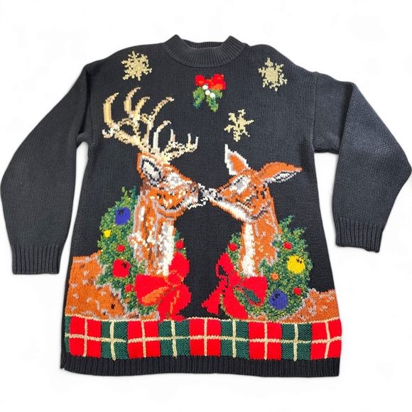 Vintage Sweaters - Vintage P'Galli Designs Kissing Reindeer Holiday Sweater Size XL